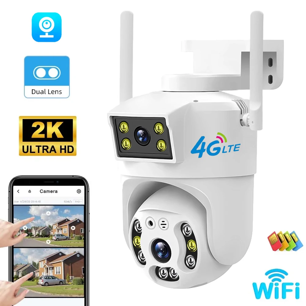 4G IP Camera WiFi Outdoor PTZ Dual Lens Dual Screen Motion Detection Auto Tracking Home Security Protection CCTV Camera V380 Pro