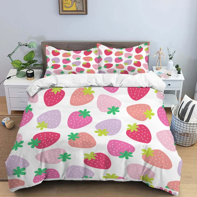 BlessLiving Strawberry Quilt Set Fresh Fruits Thin Comforter Green Leaf Summer Bedding Pink Healthy Food Air-conditioning Duvet 4