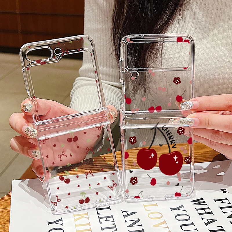 Clear Folding Phone Case with Cute Cherry Pattern - Durable PC Hard Cover