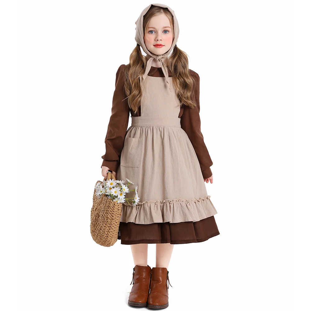 French estate maid Halloween brown dress apron Costume Middle Rural Farm Maid Civilian set for girls cosplay costume halloween dress outfit