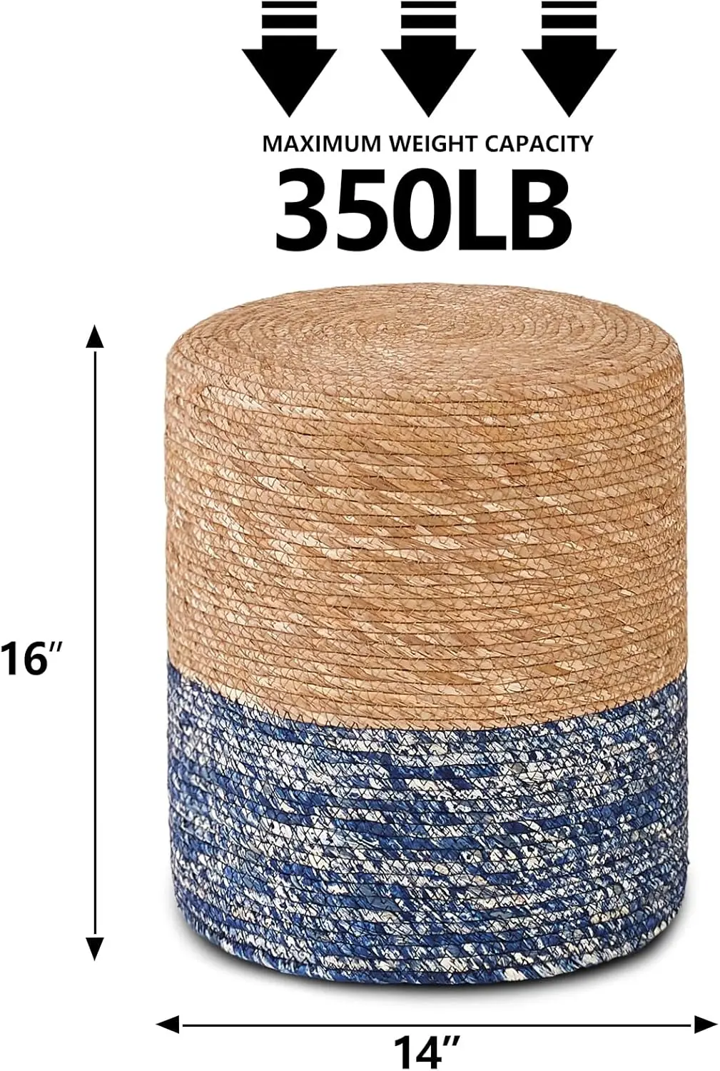 Natural Seagrass Foot Stool, Hand Weaving Round Ottoman, for Living Room, Outdoor Seat (Natural & Blue)