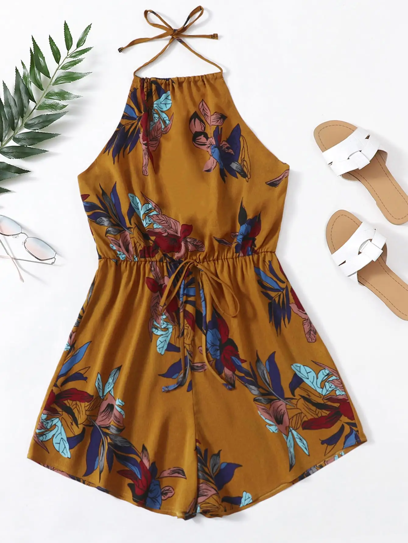 

Finjani Romper Plus Size Women's Wide Leg Cami Romper Tropical Print Halter Romper Summer Jumpsuit Suit 2024 New