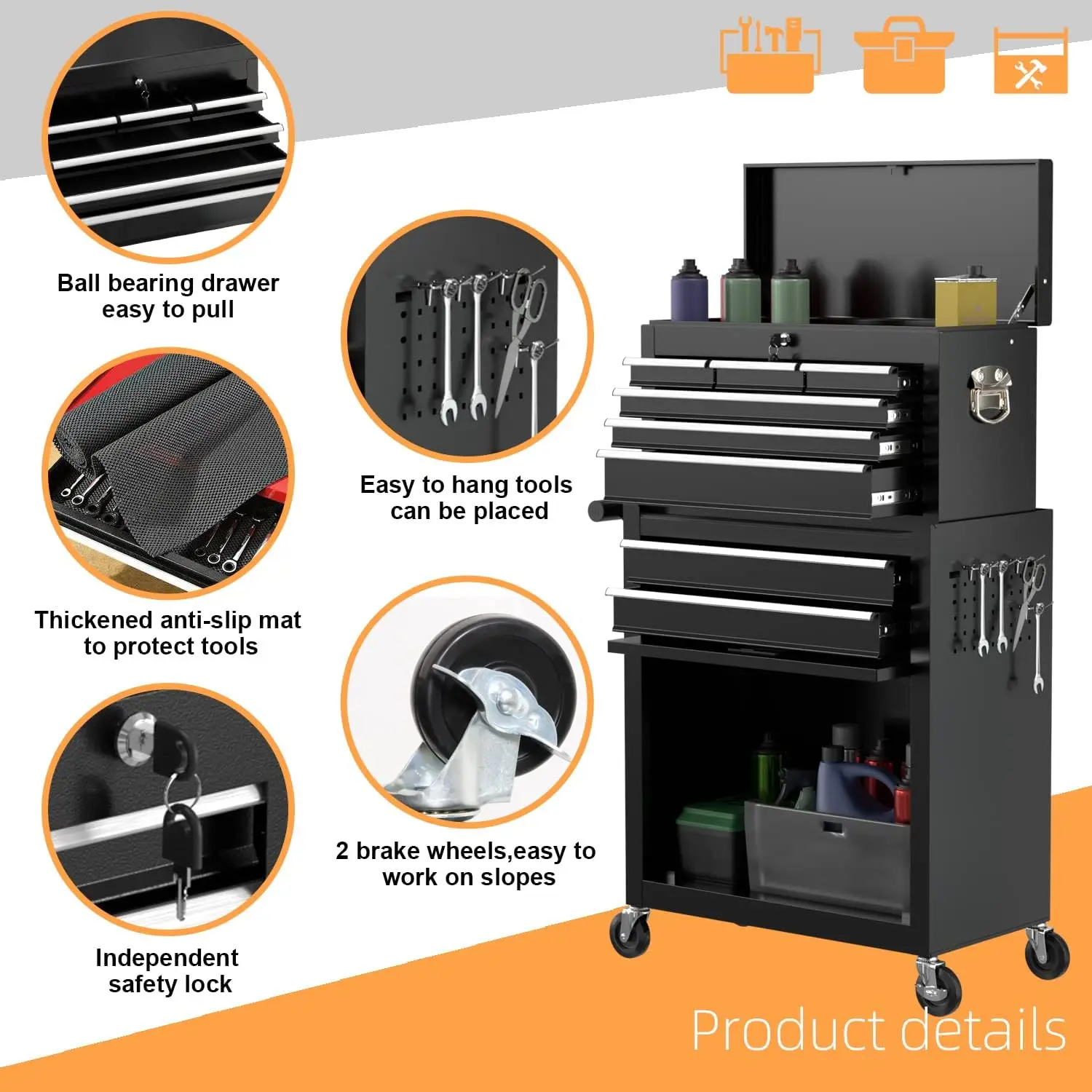 8-Drawer High Capacity Rolling Tool Chest, Removable Cabinet Storage Tool Box with Wheels & Drawers, Detachable Toolbox Lock 5