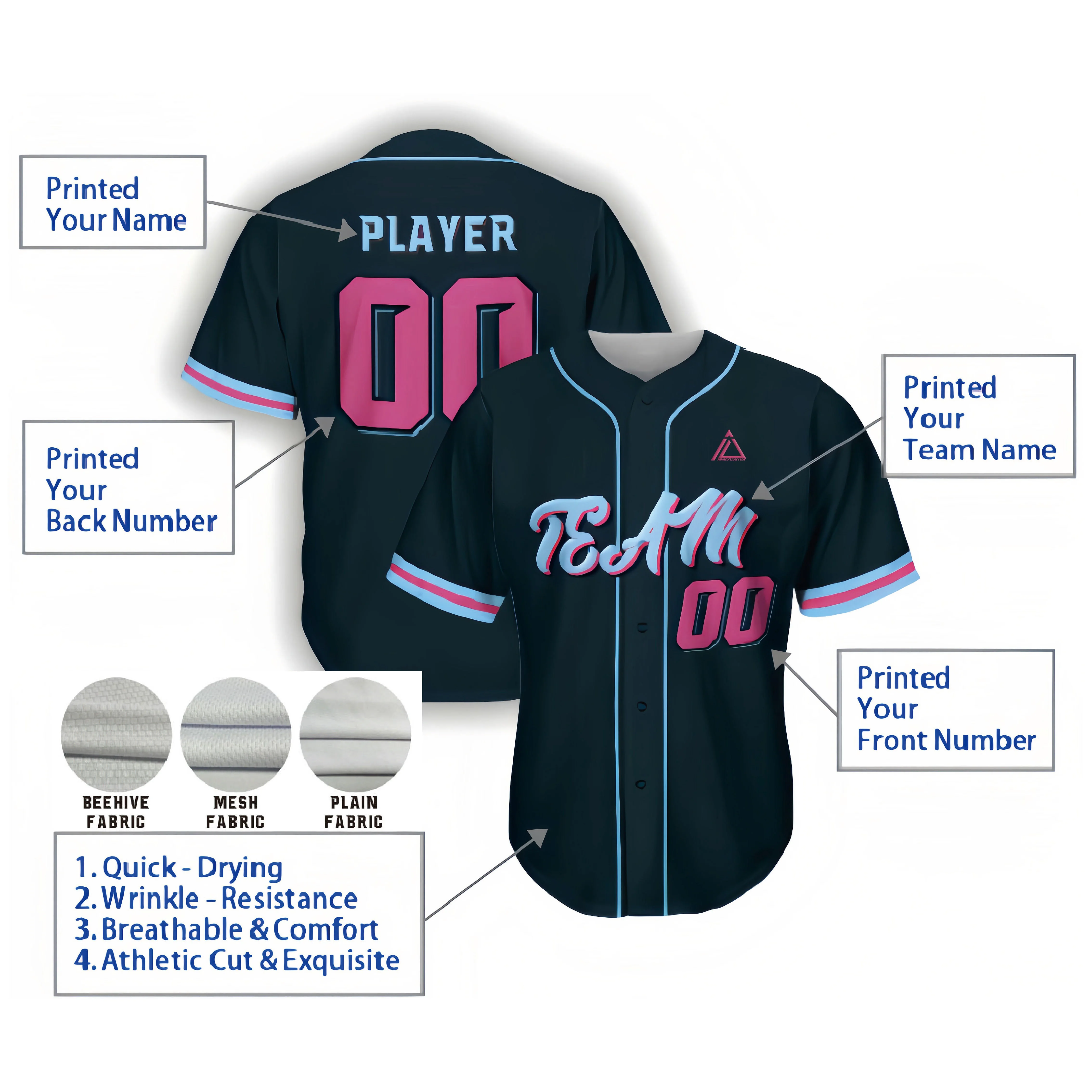 Pure High Quality Dark Blue Baseball Jersey Printing Youth Men Blank Sublimated Softball Shirts