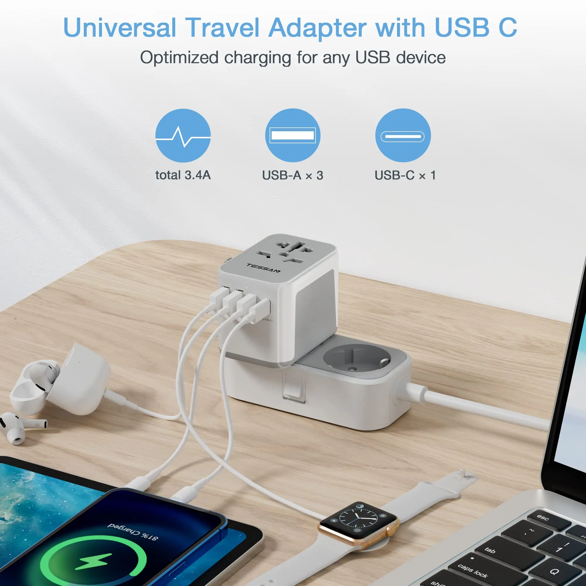 Tessan Universal Viagem Adaptador Tudo-em-um Carregador de Viagem com Portas Usb e tipo c Carregador de Parede para Eua ue Reino Unido Aus - Image 3