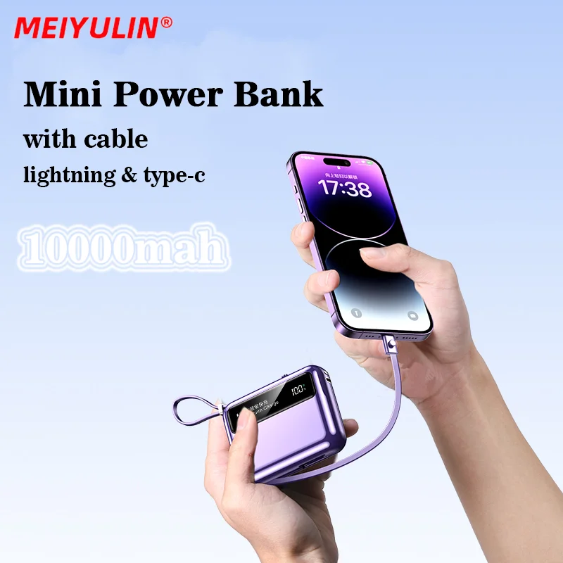 

Mini Power Bank 10000mAh Fast Charging Powerbank Build-in Cable Small Charger External Spare Battery For iPhone Xiaomi Samsung