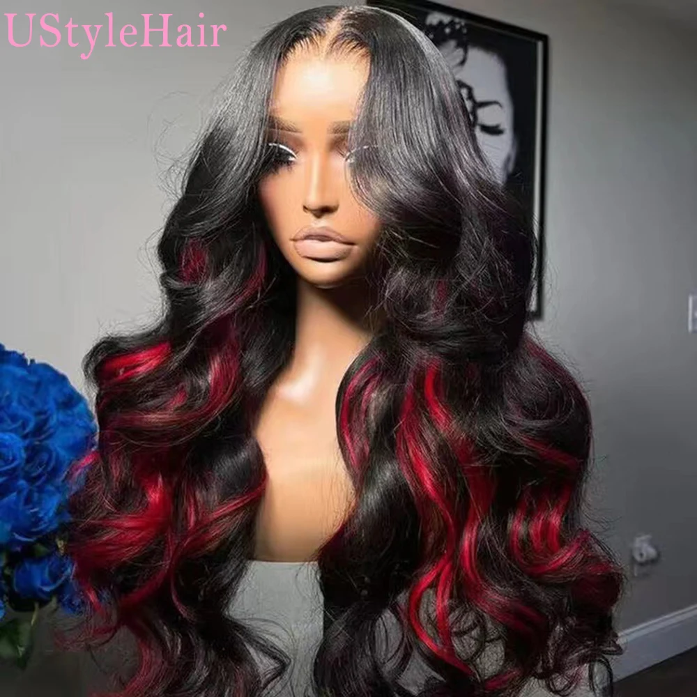 UStyleHair Black Body Wave Wig with Pink Highlights Heat Resistant Synthetic Lace Front Wig Daily Use Natural Hairline Frontal