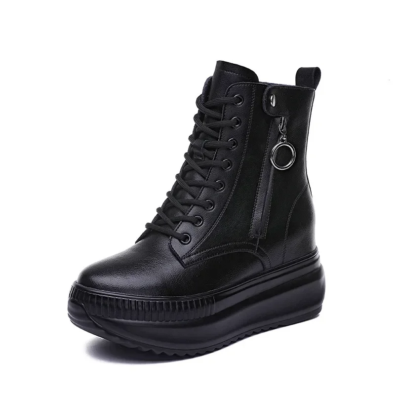 

Кроссовки женские из натуральной воловьей кожи, теплые плюшевые ботинки на танкетке, скрытый каблук, очень высокий массивный каблук, 8 см, весна-осень-зима