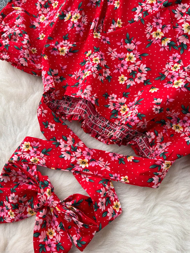 Summer Women Printed Two Piece Set Bohemian Vacation Beach Slash Neck Puff Sleeve Short Bandage Tops + Pleated Skirt Suit New