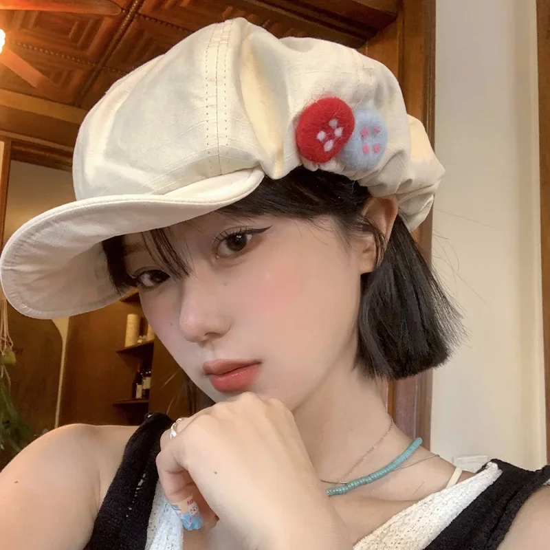 

Original Button Design Cloud Berets for Women Spring and Summer Travel Versatile Sunscreen Retro Short-brimmed Newsboy Hats