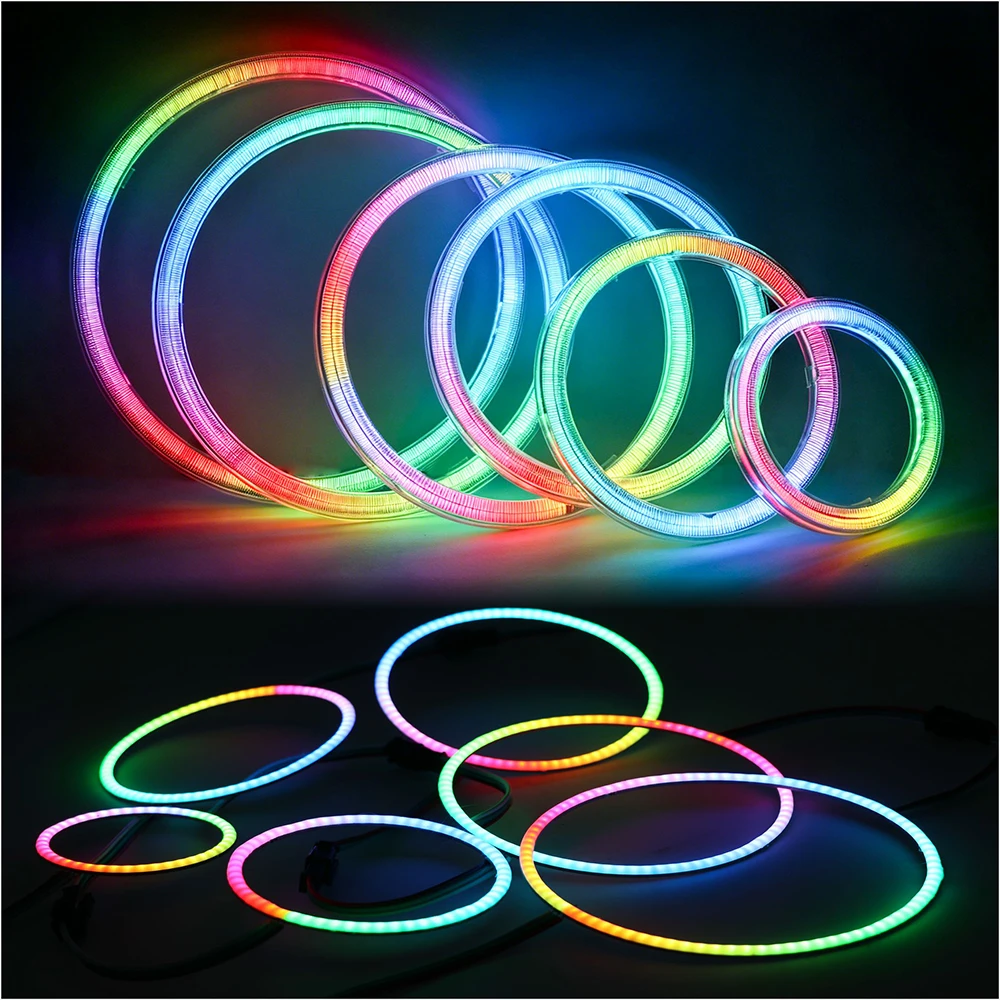 COB RGB DRL 헤일로 링 60-120mm 체이싱 컬러 LED 엔젤 아이즈 (자동차/오토바이용) DC5V 블루투스/WiFi 앱 컨트롤 컬러 COB 엔젤
