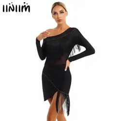 Womens Oblique Shoulder Fringed Sheer Mesh Patchwork Long Sleeve Irregular Hem Dresses for Tango Latin Cha-Cha Samba Dance Dress