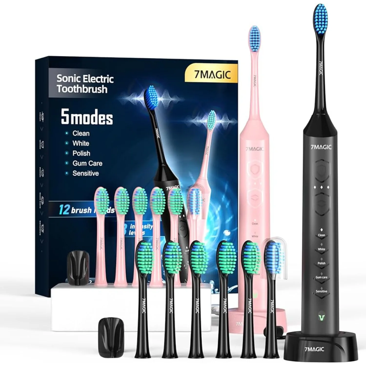 

Toothbrush for Adults, Sonic Toothbrush with 5 Modes & 3 Intensity Levels, 40,000 VPM Toothbrushes with 12 Brush Heads, IPX7