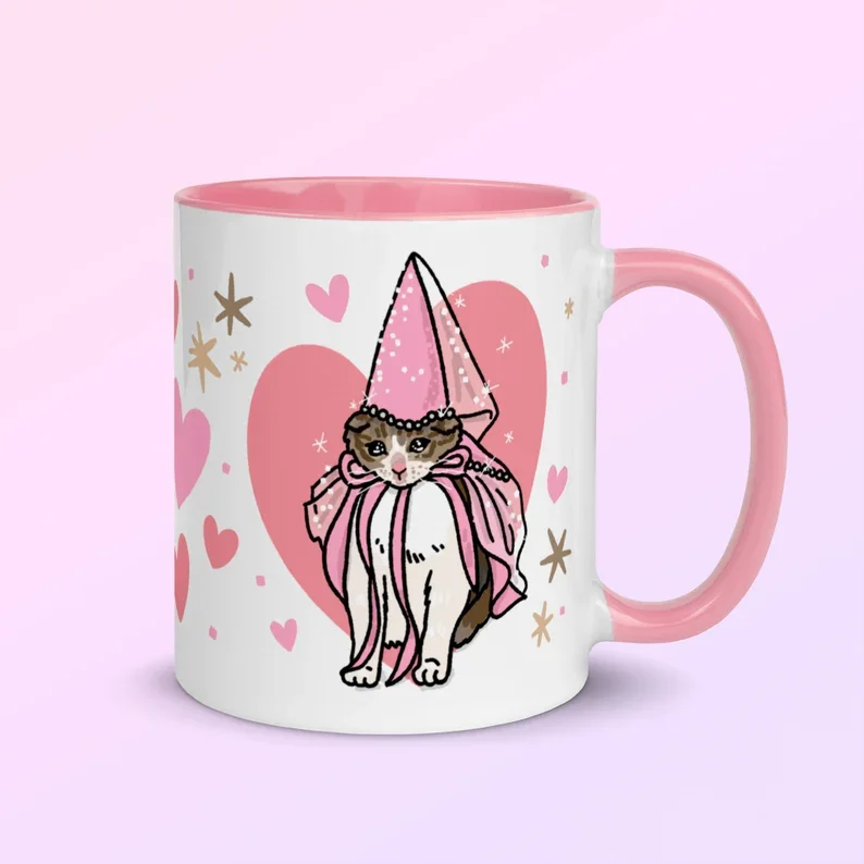 Sad Cat Pink Fairy tale Princess Cat cup, sad but cute, pretty kitten, Kawaii Cat coffee cup, Princess Cat coffee cup