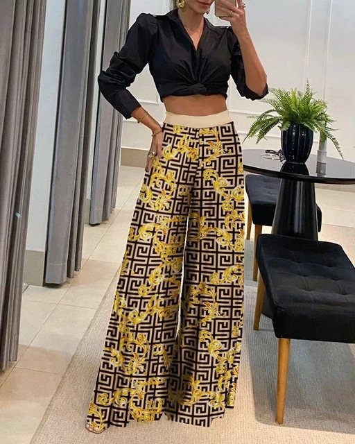 Autumn Fashion Print Two Piece Set Women Casual Office Women Shirt Print Wide  Leg Pants Two Piece Set Women - AliExpress