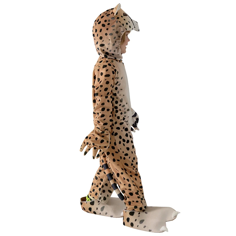 Halloween Kids Cheetah Costume Spotted Animal Onesie Clothing Set with Hood & Paw Details for Parties