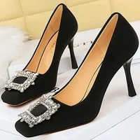 2024 Women Fashion 8.5cm High Heels Daily Square Toe Banquet Silk Satin Pumps Lady Crystal Buckle Formal Occasion Shallow Shoes 2