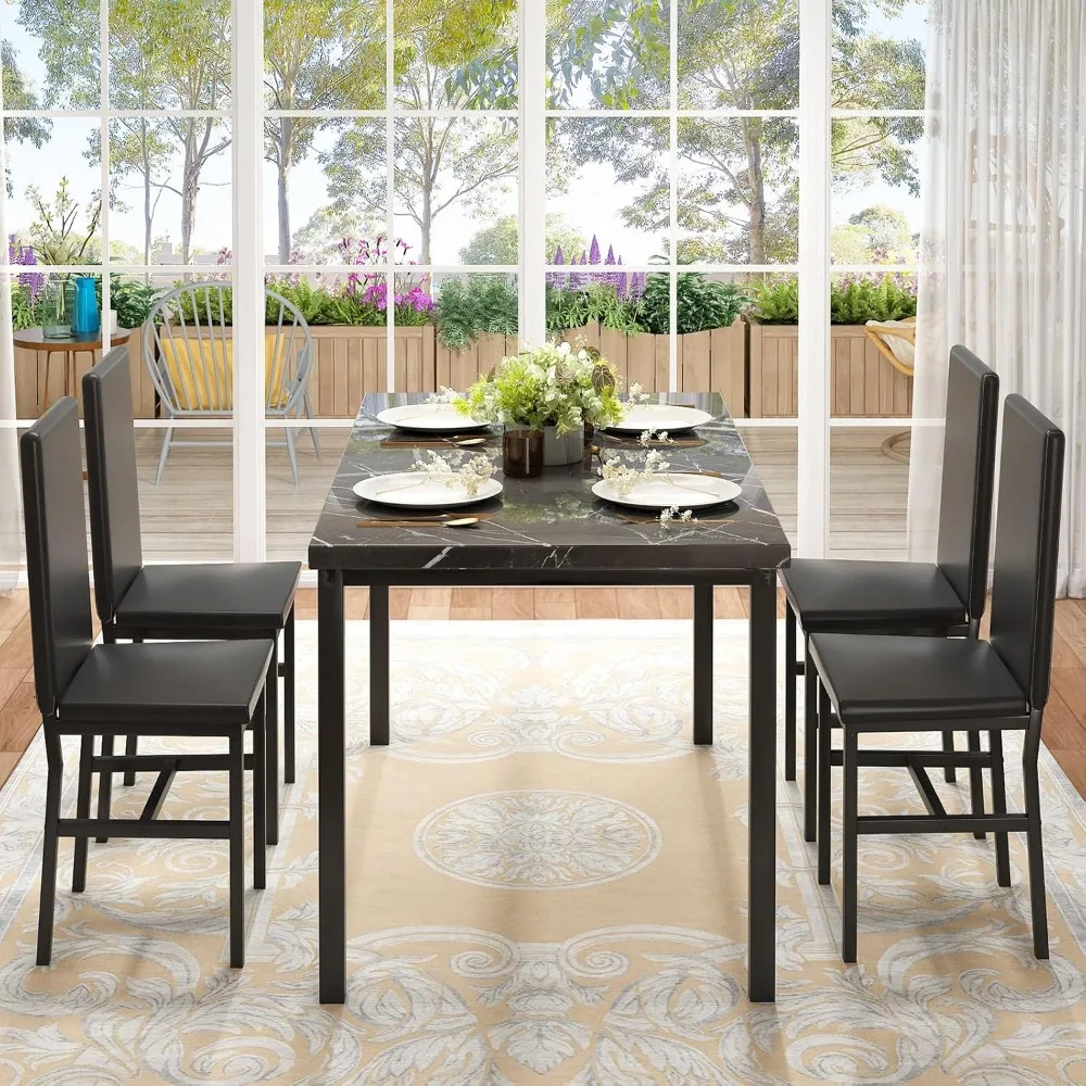 Dining Table Set for 4, Space Saving Kitchen Table and Chairs Set of 4,5 Piece Modern Dining Room Table Set with Faux Marble Top 4
