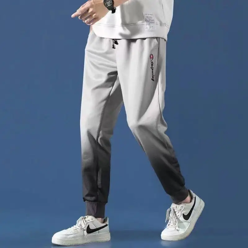 Korean Version Autumn Trend Versatile Sports Pants Men's Gradient Color Elastic Waist Drawstring Pocket Print Straight Trousers