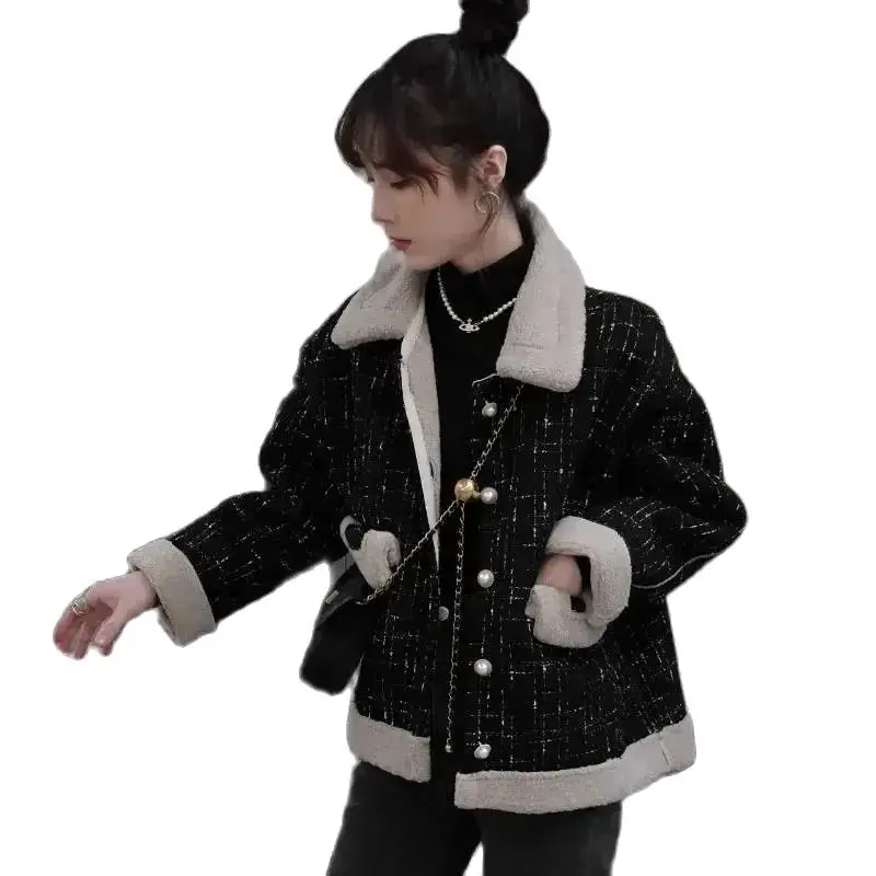 

Модная куртка из овечьей шерсти, новинка осень-зима 2023, универсальный маленький Топ, Женское шерстяное короткое пальто, женские топы