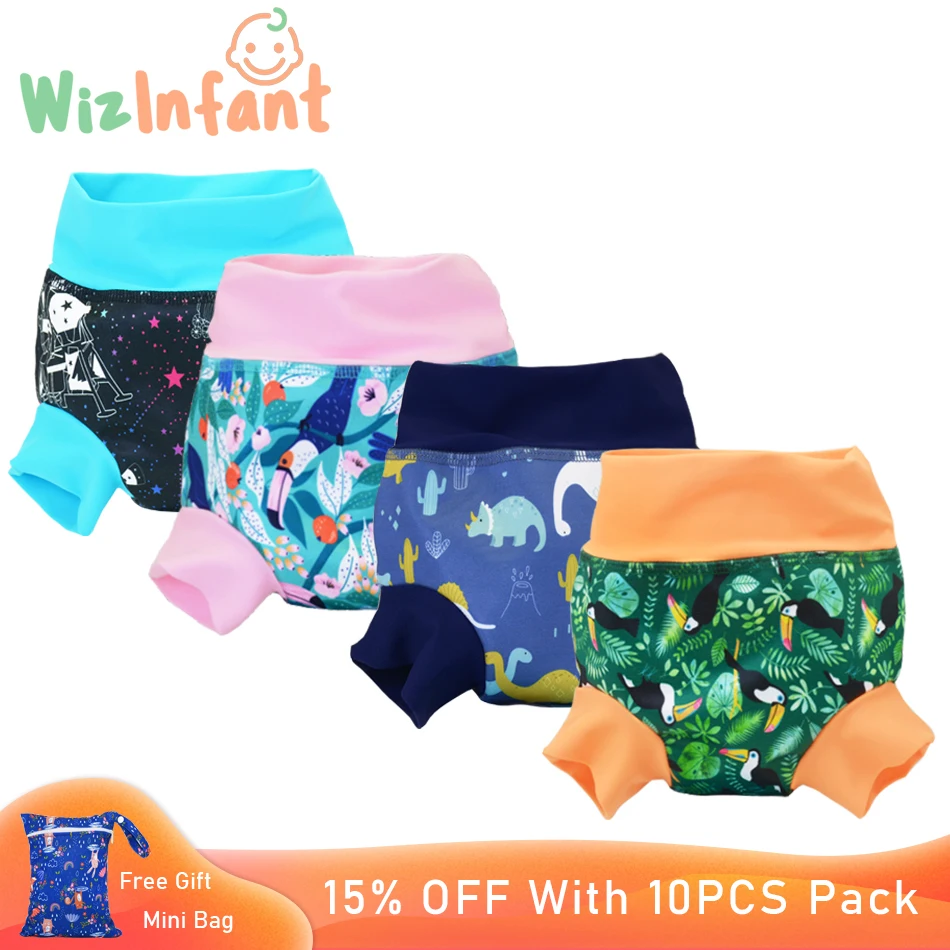

10Pcs Wholesale WizInfant Infant Children Leakproof Newborn Baby High Waist Trunks Cartoon Printed Cloth Swimming Diapers