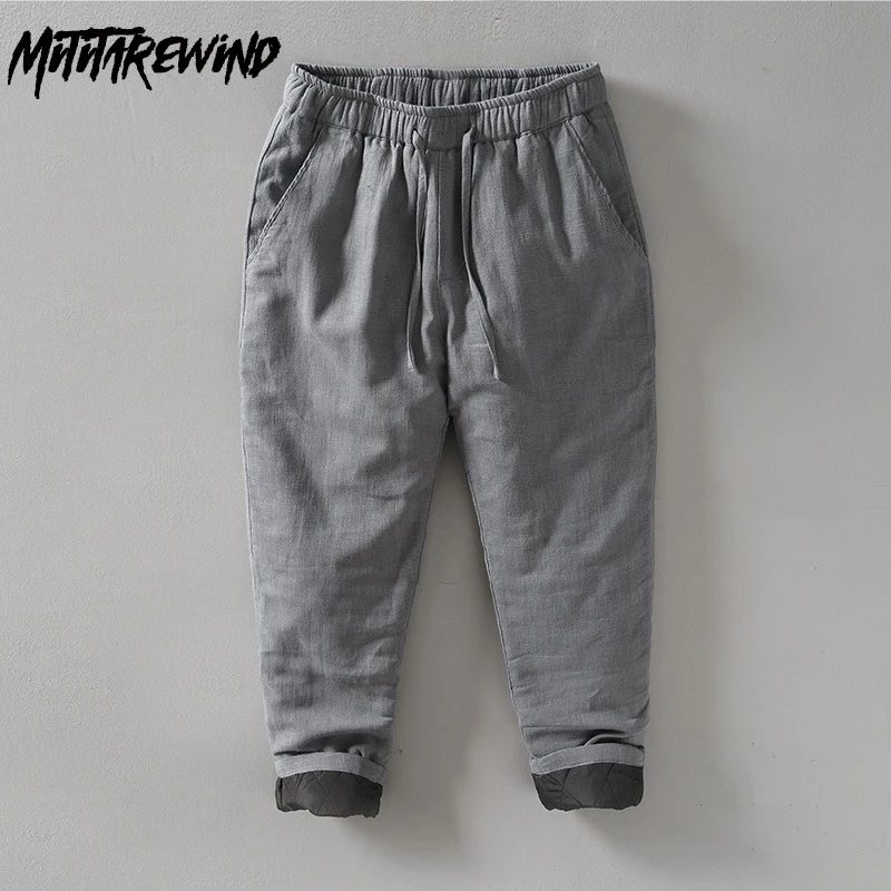 

Winter Pant for Men Daily Causal Thicken Pants Drawstring Elastic Waist Straight Men Trousers Ramie Cotton Keep Warm Black Pants