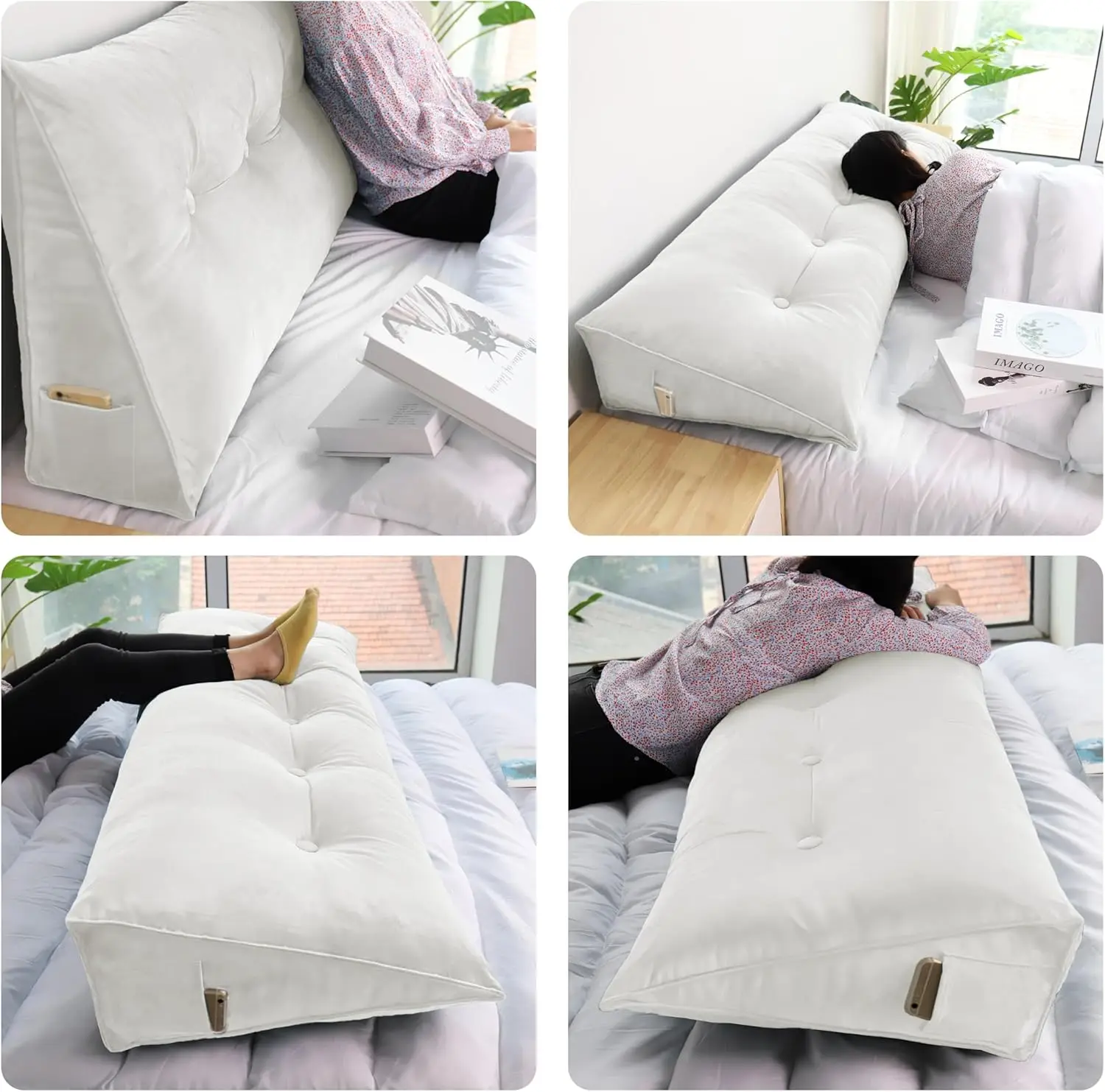 Headboard Wedge Pillow King Triangular    P for  Bolster for Bed Wedge Daybed , Velvet(100% Cotton), White