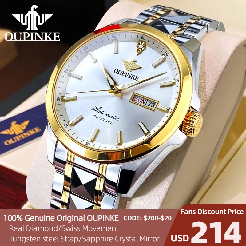 OUPINKE Original Men's Wristwatch Gold Diamond Tungsten steel Sapphire Imported Mechanical Movement Top Luminous Watch for Men original imported stgf10nc60kd igbt transistor 600v 9a 25w [to 220fp]