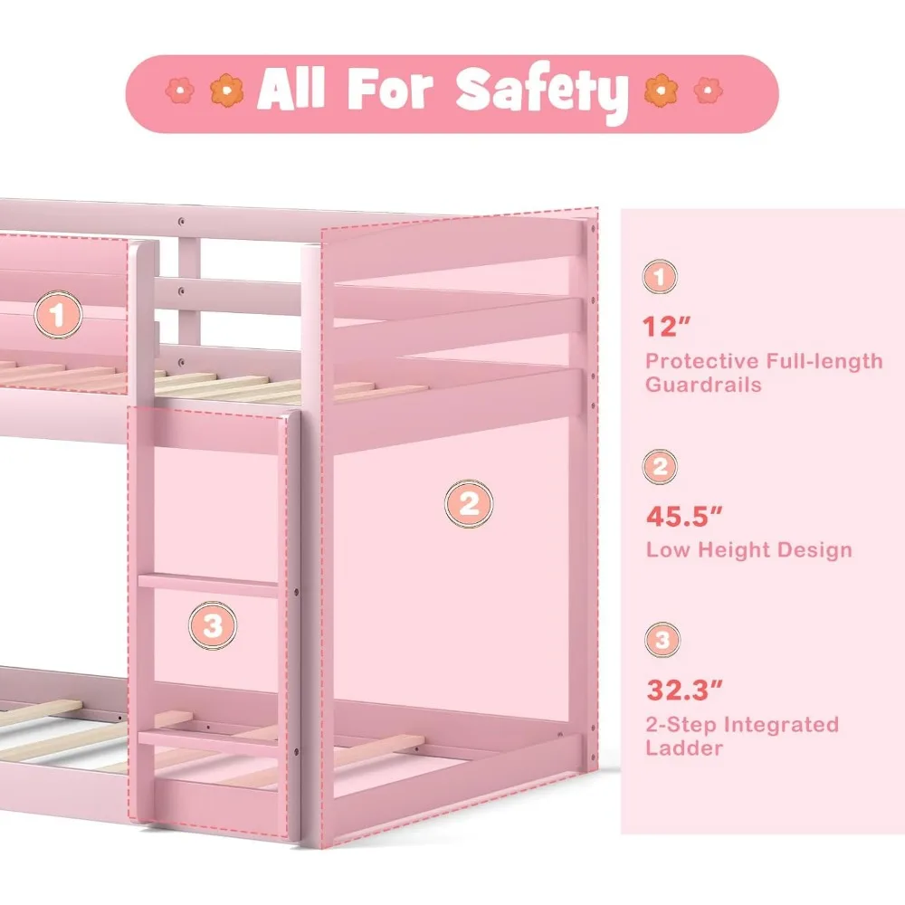Low Bunk Bed Twin Over Twin,Solid Wood Bunk Bed Frame with Built-in Ladder&Safety Guardrails,Space-Saving Low Bunk Bed for Kids 5