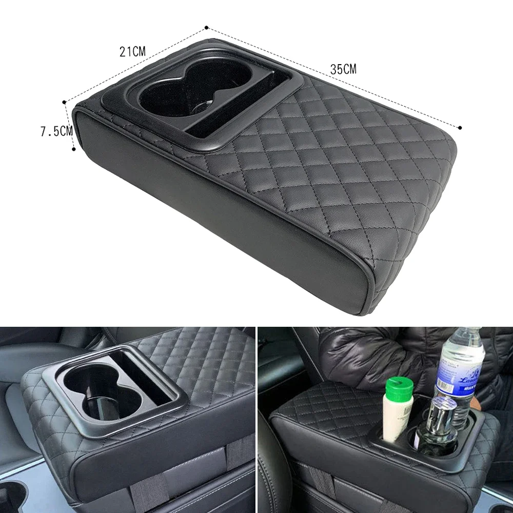 New Auto Center Console Armrest Cushion With 2 Cup Holder PU Leather Armrest Pad Portable Car Amrest Pillow Cover Height Pad