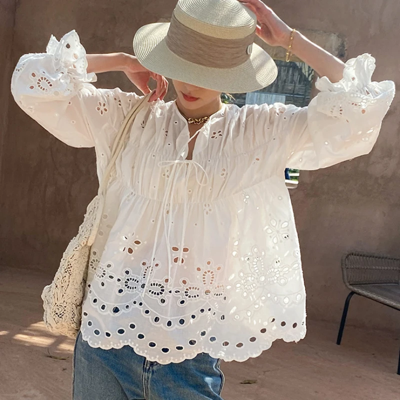 AEL Backless Shirt Woman Summer White Lace Up Bowknot Long Sleeve Causal Blouse Fashion Streetwear