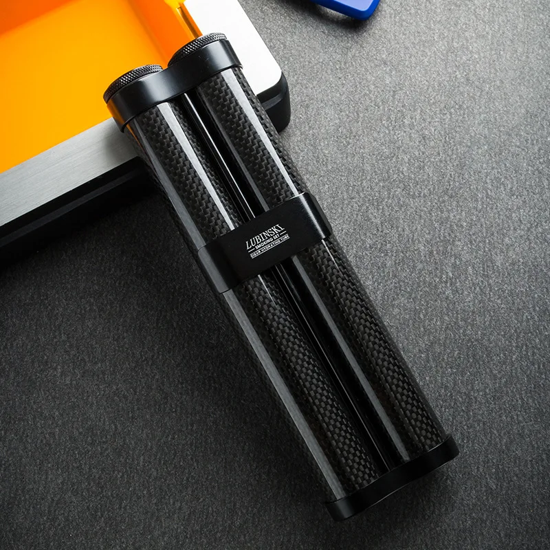 LUBINSKI Black Carbon Fiber Cigar Humidor Box Travel Portable 2 Tube