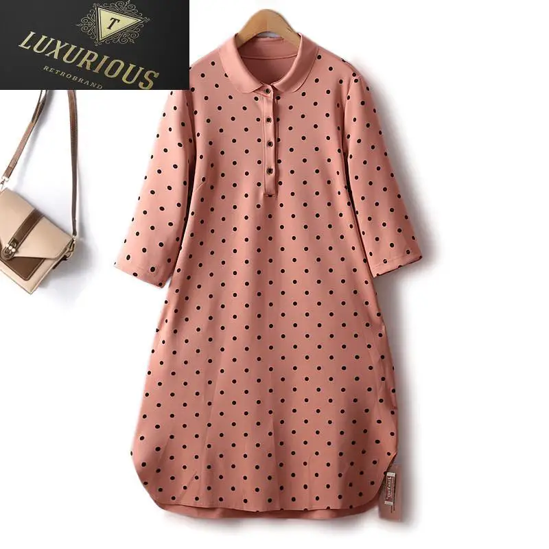 

Spring Summer Polka Dot Dresses For Women 2023 Turn Down Collar Contrasting Three Quarter Sleeve Air Cotton Drape Female Dress