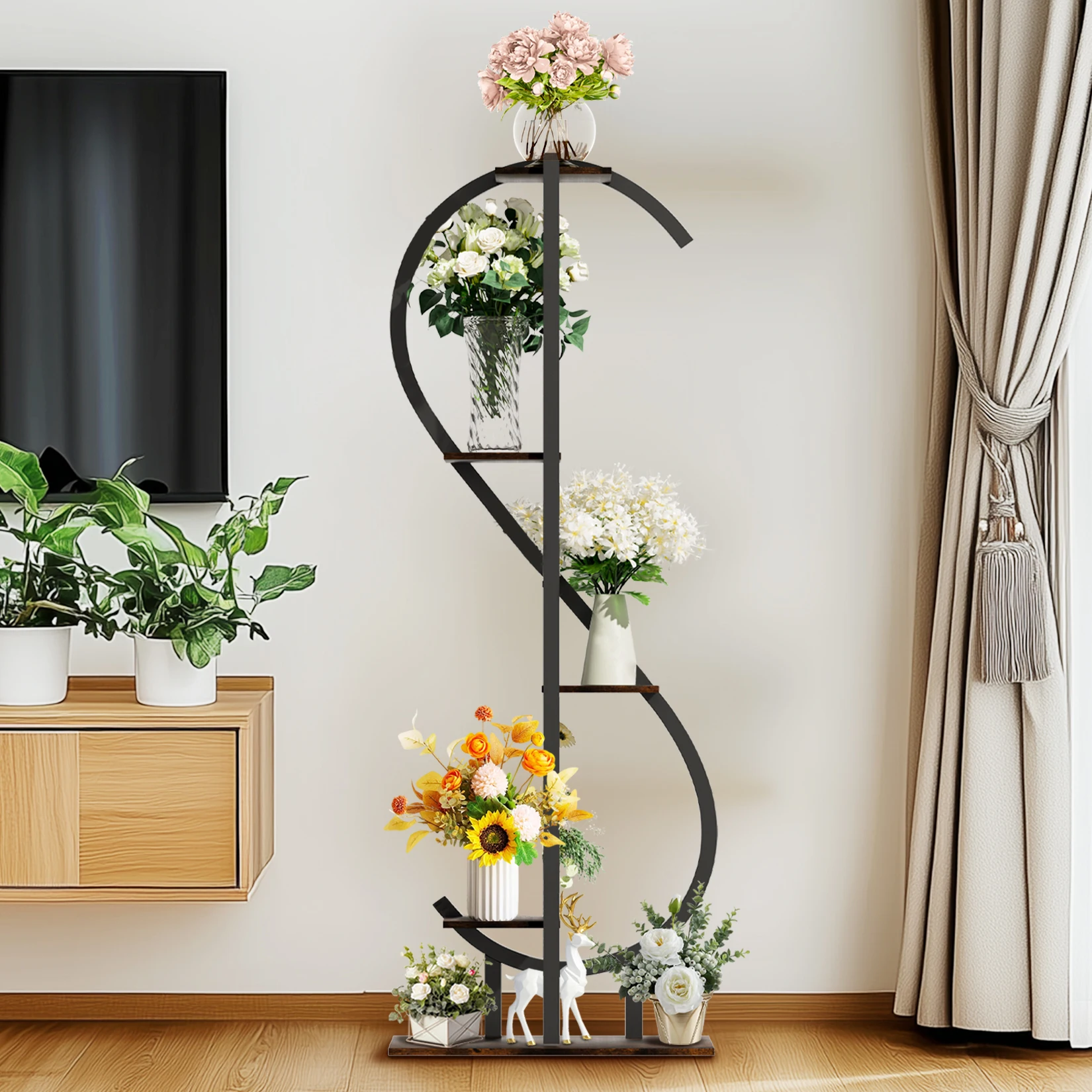 5-Tier S-Shaped Indoor Plant Stand with Hanging Hooks Gardening Tools Aesthetic Corner Plant Shelf for Tall Plants Multipurpos