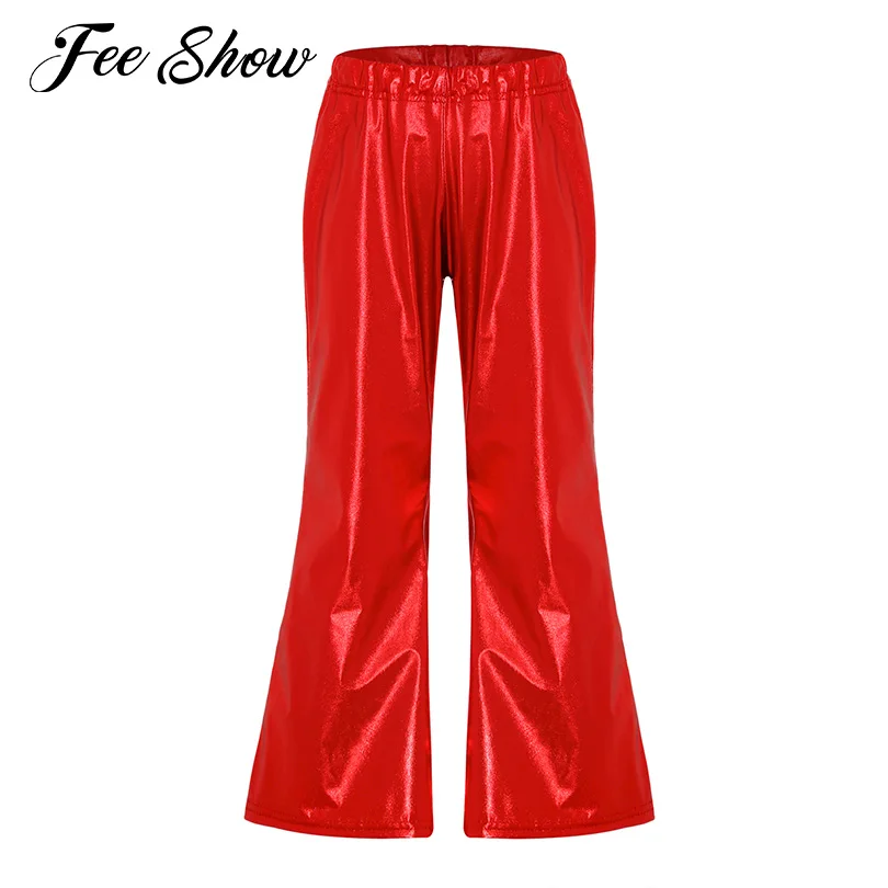 Mid Waist Flared Pants Elastic Waistband Metallic Shiny Bell-Bottomed Pants Trousers for Kids Boys Girls Dance Stage Performance