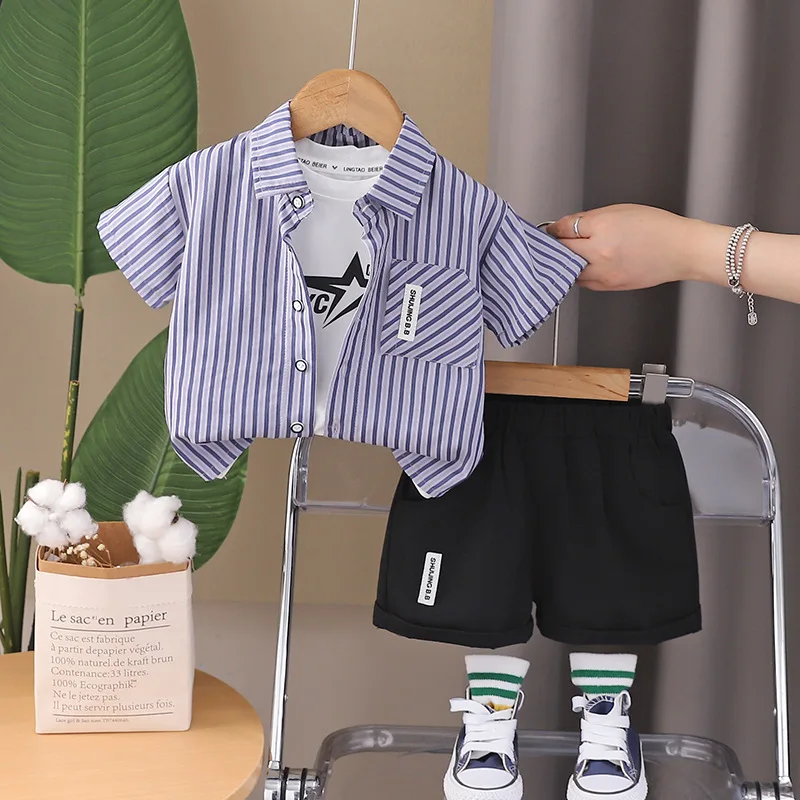 2024 Toddler Summer Outfits for Baby Boy Clothes 1 To 2 Years Vertical Striped Short Sleeve Shirts + T-shirts + Shorts Kids Suit