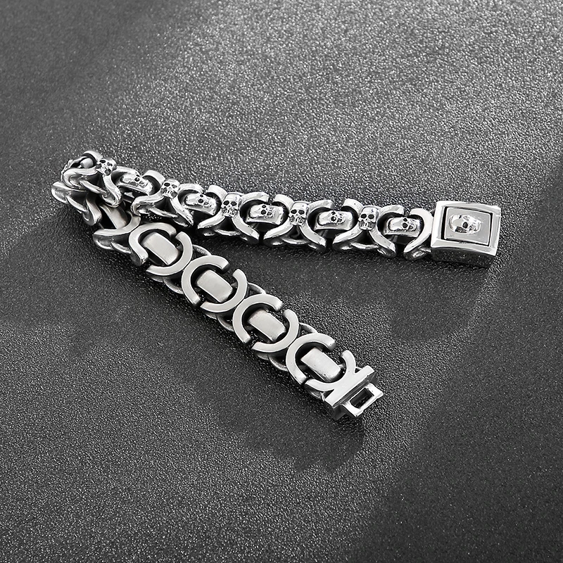 Fongten 22.5cm Skeleton Bracelet for Men Stainless Steel Skull Chain Charm Men Wrist Shiny Bracelets Bangle Silver Color Jewelry