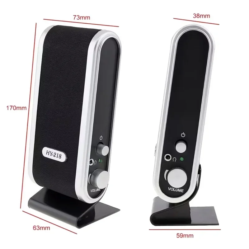 2.0 channel speakers showing connection via AUX and USB power.