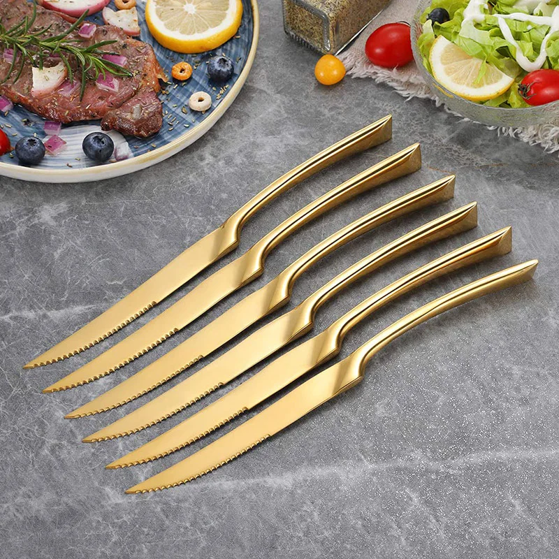 6 Pcs Gold Steak Knives Set of 6 Stainless Steel Standing Steak Knife Ultra Sharp Serrated Steak