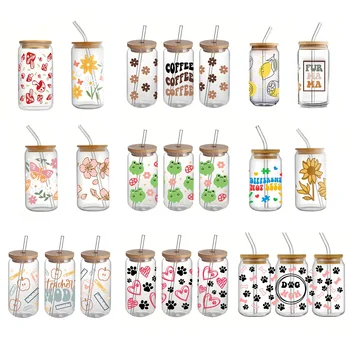 16oz Clear 3D Printed Sublimation Glass Cup With Bamboo Lid And Glass Straw Drinking Cups With Waterproof Sticker Muti-Pattern