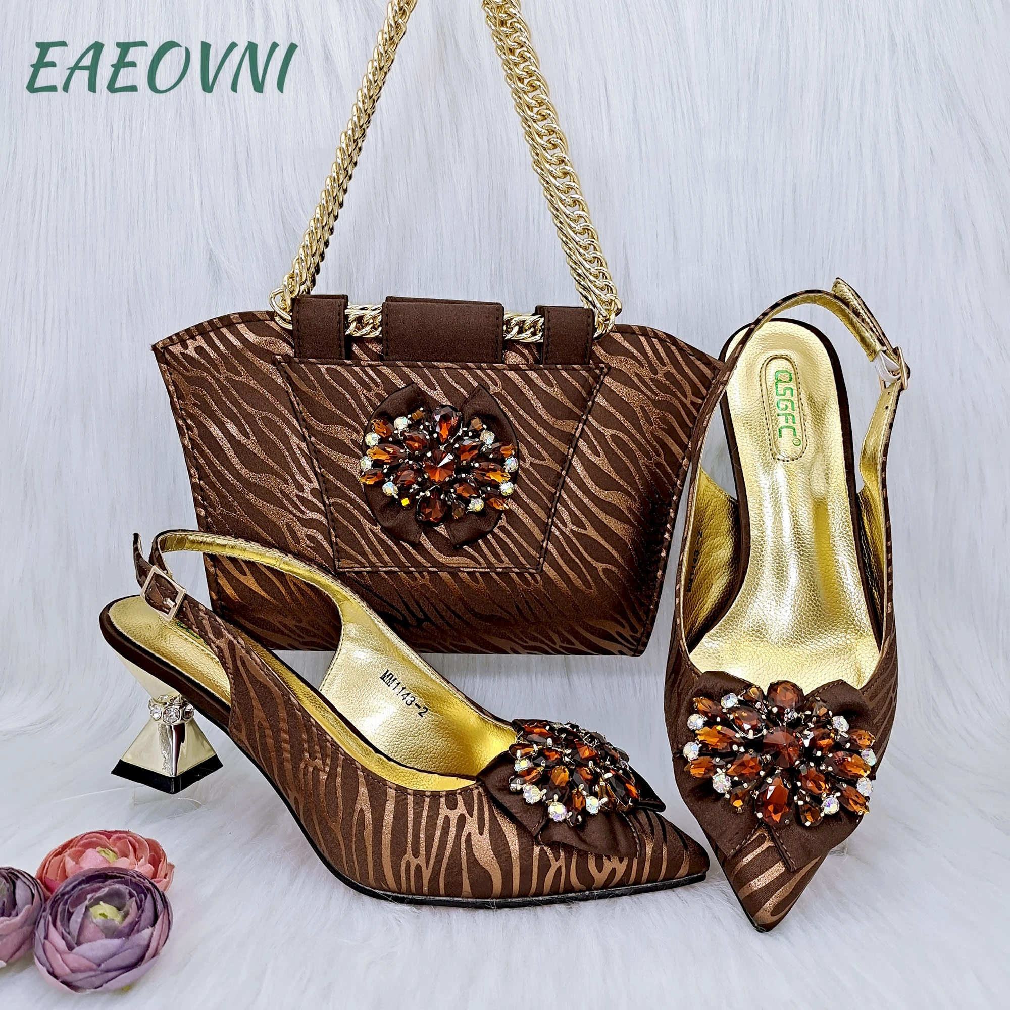 

Fashionable Women Pointed Toe Zebra-Stripe Design Shoes Matching Bag Set in Coffee Color For Ladies Party