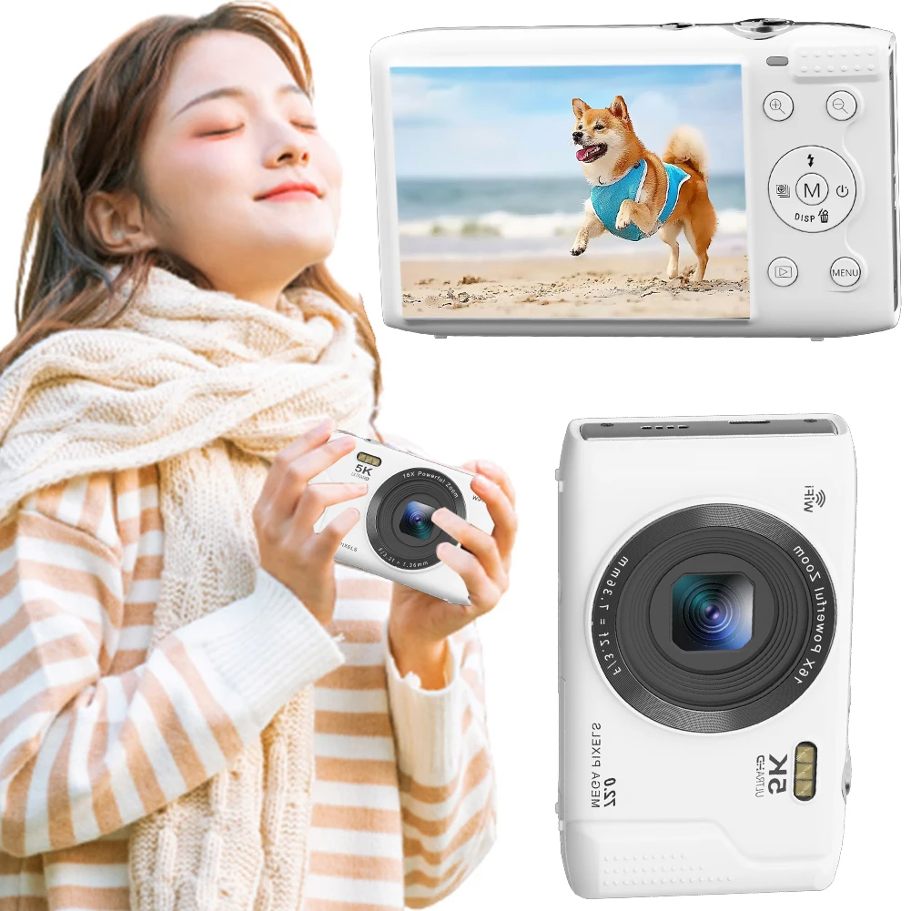 5K 휴대용 디지털 카메라 72MP 16배 줌 2.8인치 LCD 화면 브이로그 여행 카메라 WIFI 빈티지 브이로그 비디오 레코더 (성인용)