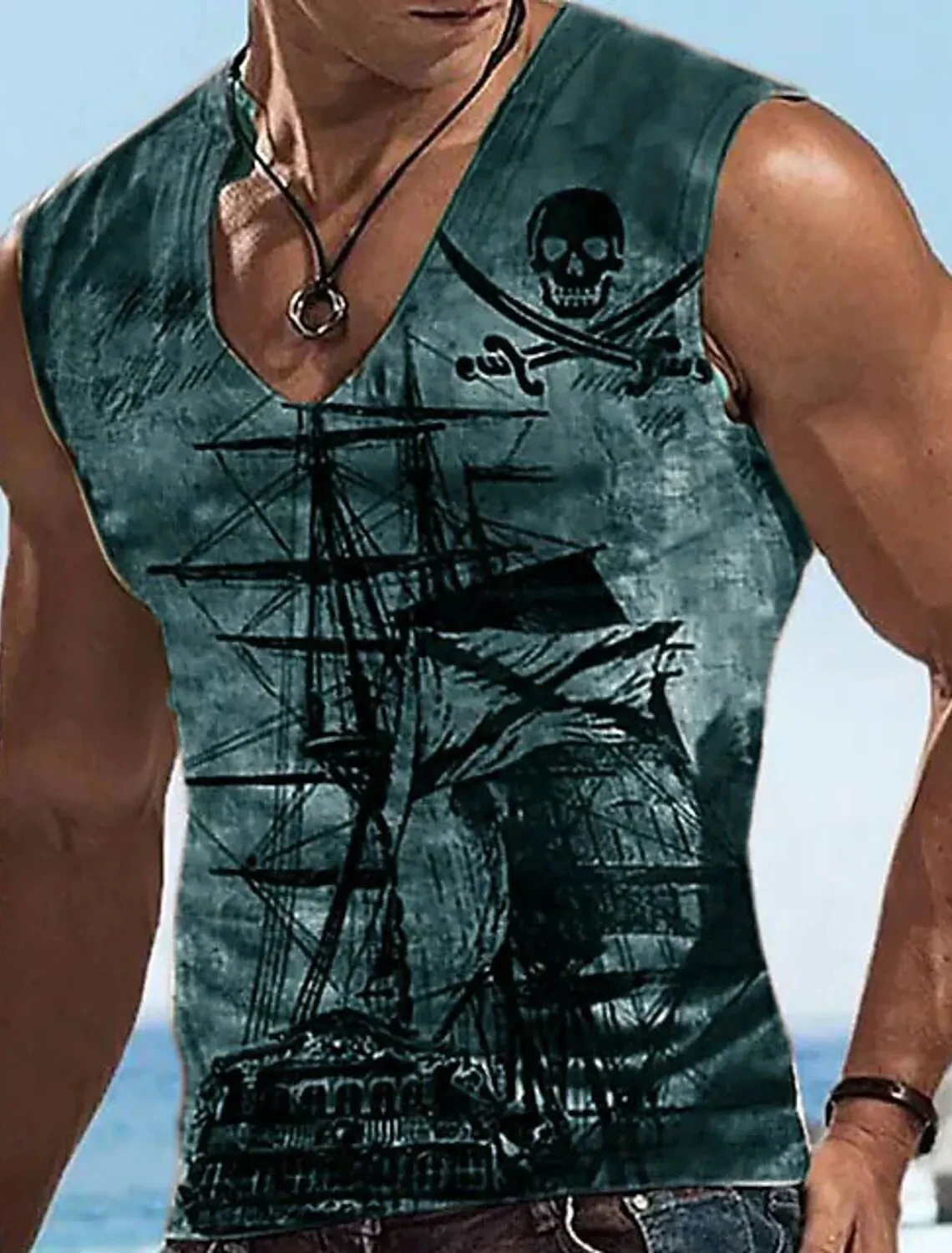 Men\'s Bottom Shirt Pattern Boat Rudder V-Neck 3D Outdoor Street Sleeveless Printed Clothing Athletic Casual Big & Tall Tank Top