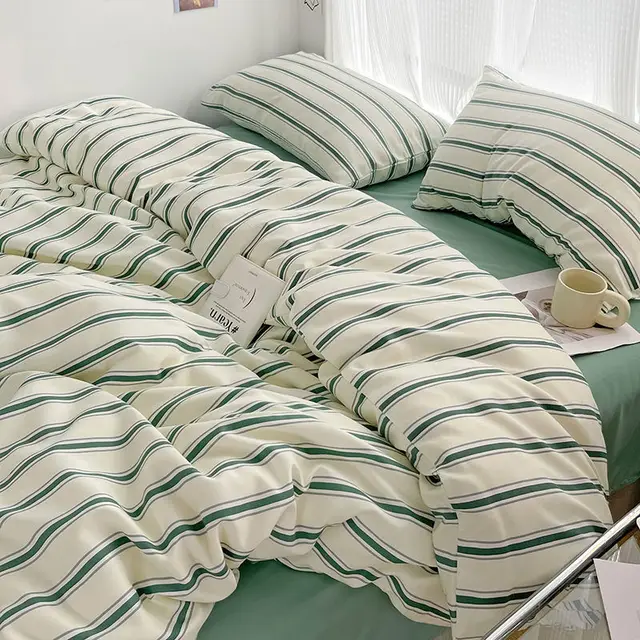 Simple Red and Blue Striped Duvet Cover and Four Piece Bed Sheet Set with Washed Cotton Bedding on the Bed 6
