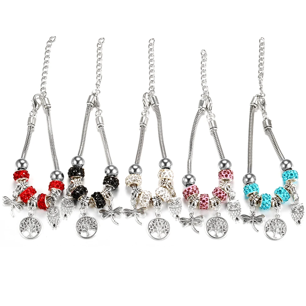 Charm Tree of Life Pendant Beaded Rhinestone Bangle Lobster Buckle Adjustable Snake Chain 5 Color Dragonfly Owl Bracelet Jewelry