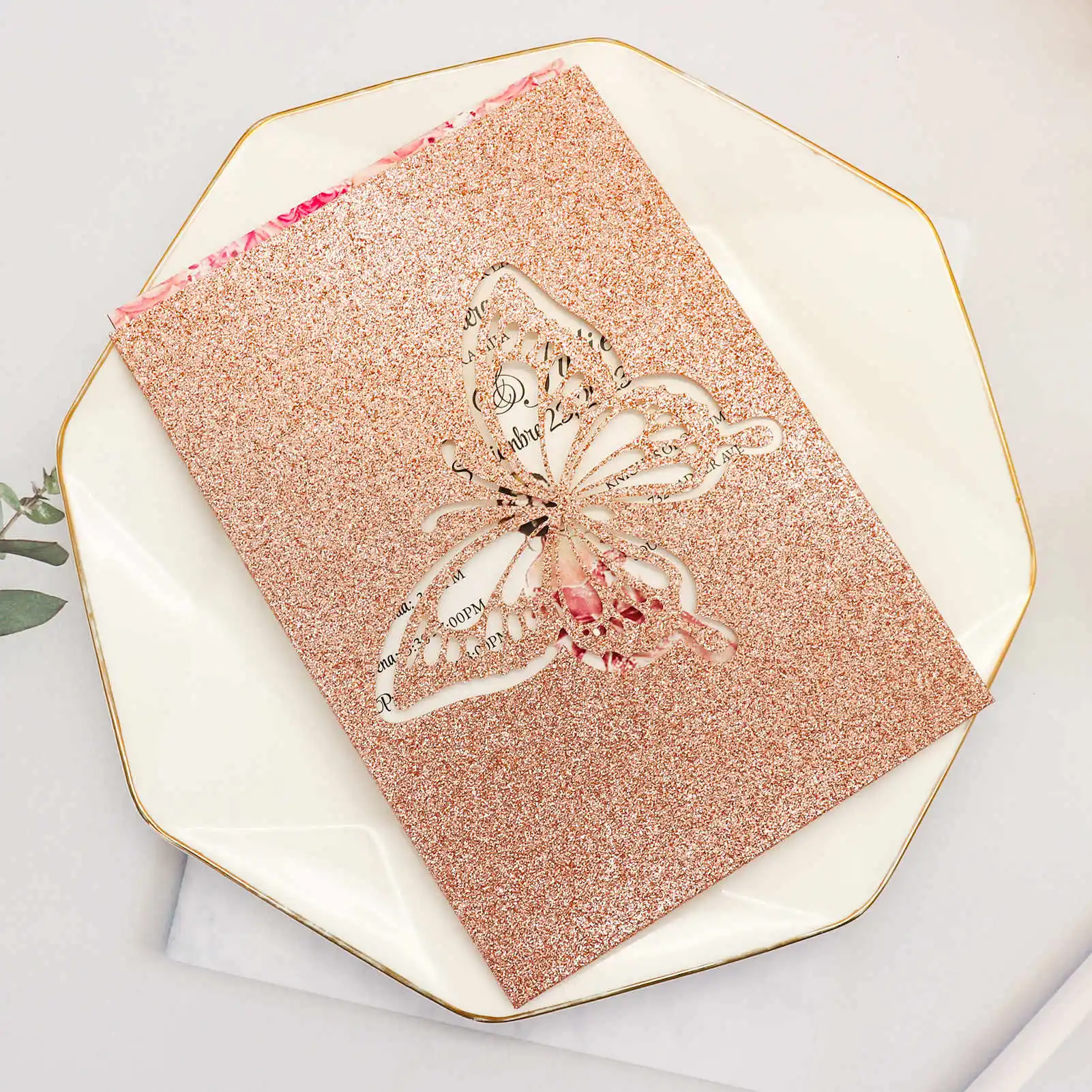 1pcs Navy Blue Rose Gold Glitter Laser Cut Silver Blush Butterfly Birthday Wedding Invitation Card Quinceanera Black Invitations