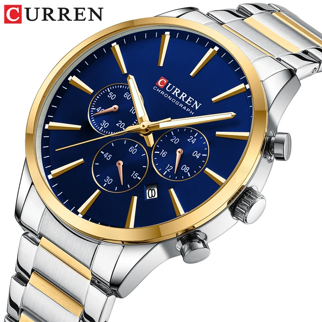 CURREN Casual Sport Watches Men's Quartz Chronograph Stainless Steel Bracelet Wristwatches with Date Male Clock