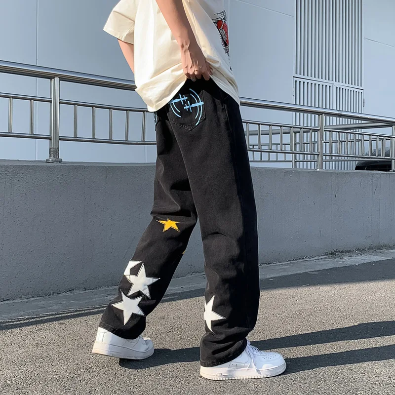 Streetwear azul pentagrama calças de brim de cintura alta y2k estilo  coreano hip hop em linha reta jeans namorado para calças femininas -  AliExpress