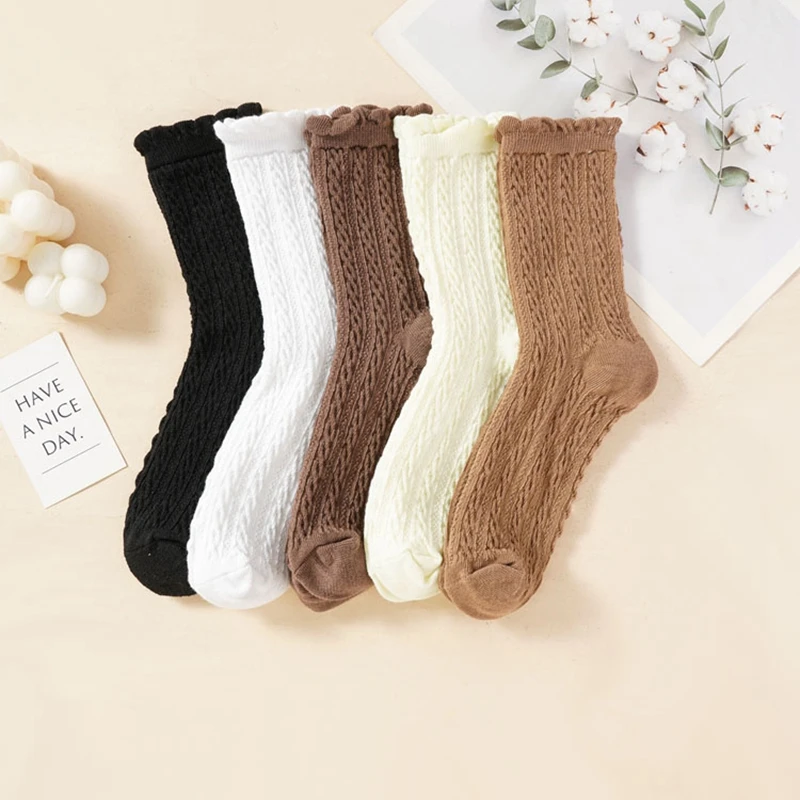 

Hot Selling Women's Cotton Socks Lace Trimmings Solid Color Twist Stripes Vintage Cute Lolita Gifts Ladies Middle Tube Socks