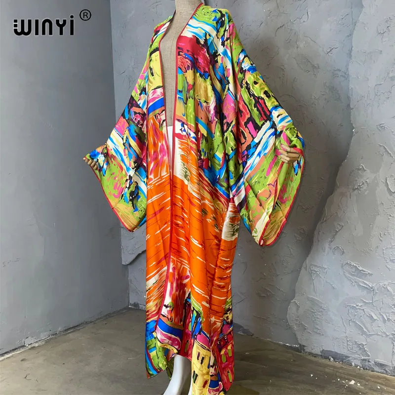 WINYI 2023 new summer Women Graffiti printing Long Sleeve Cardigan Female Loose beach Cover Up boho dress Streetwear kimono